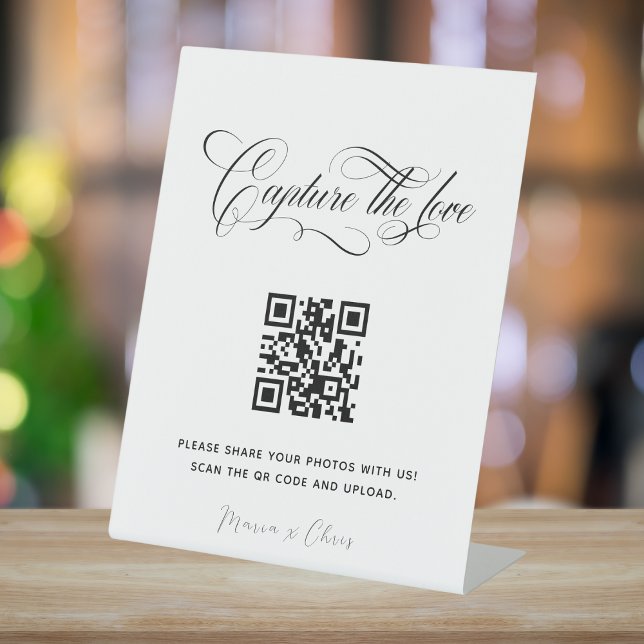 Chic Calligrpahy Capture The Love QR code Wedding Pedestal Sign (Creator Uploaded)