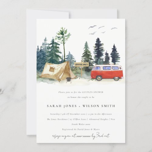 Chic Camping Watercolor Pine Forest Couples Shower Invitation