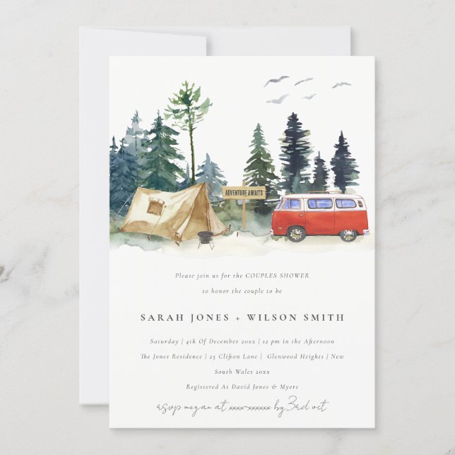 Chic Camping Watercolor Pine Forest Couples Shower Invitation (Front)