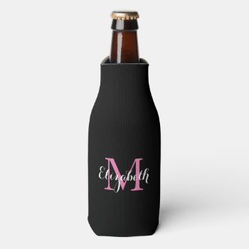 Chic Can Cooler_black/pink/white Monogram Bottle Cooler by GiftMePlease at Zazzle