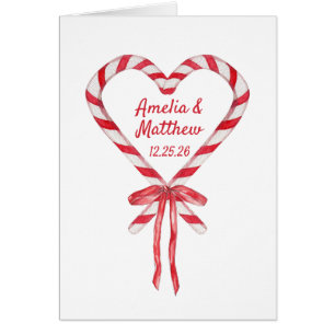 Chic Candy Cane Heart and Bow Christmas Wedding Cards