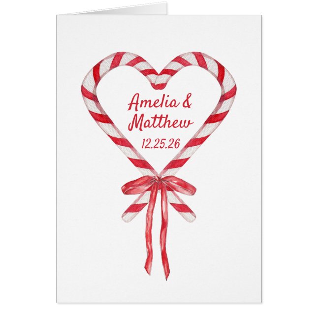 Chic Candy Cane Heart and Bow Christmas Wedding Cards (Front)