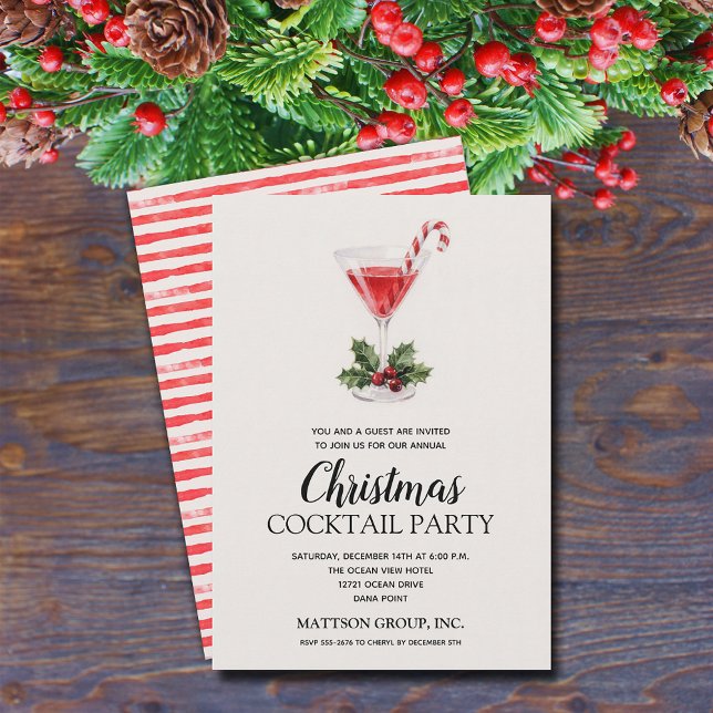 Chic Candy Cane Martini Christmas Cocktail Party Invitation (Chic candy cane, holly and berries Christmas martini cocktail party invitations)