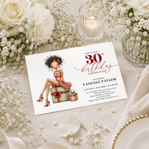 Chic Cartoon Woman 30th Birthday Marsala Script In Invitation