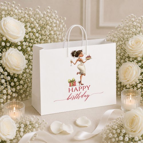 Chic Cartoon Woman Marsala Script Birthday gift ba Large Gift Bag