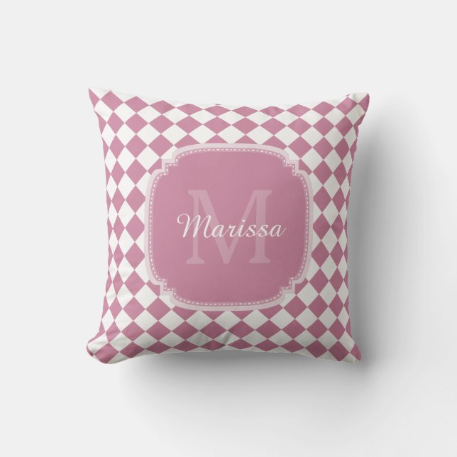 Chic Cashmere Rose Checked Monogrammed Name Throw Pillow (Front)
