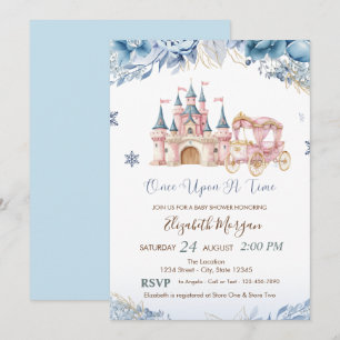 Chic Castle,Carriage Blue Flowers Baby Shower Invitation