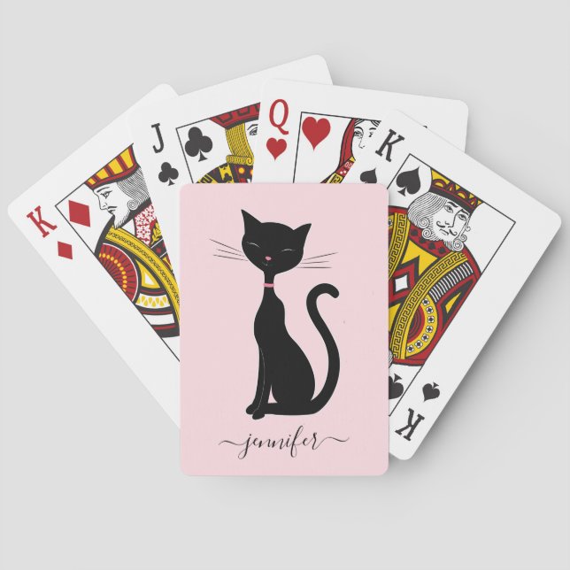 Chic Cat Personalized Name Pink Black Poker Cards (Back)