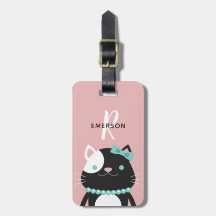 Chic Cat with Pearl Necklace | Monogram Luggage Tag