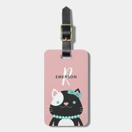 Chic Cat with Pearl Necklace  Monogram Luggage Tag
