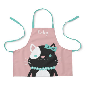 Chic Cat with Pearl Necklace Pink Name Apron