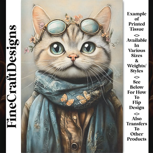 Chic Cat With Specs, Scarf, Flowers AZ7 Decoupage Tissue Paper (Creator Uploaded)