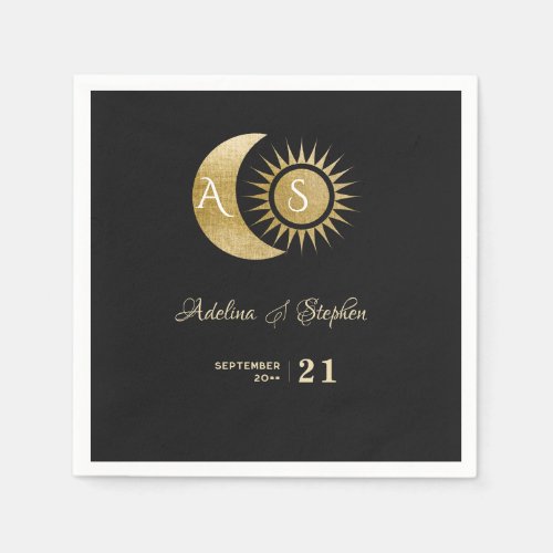 Chic Celestial Black Gold Sun Moon Monogram Crest  Napkins