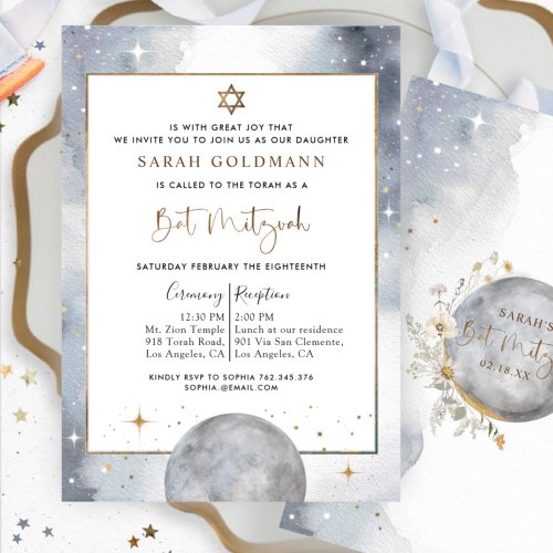 Chic Celestial Silver White and Gold Bat Mitzvah Invitation