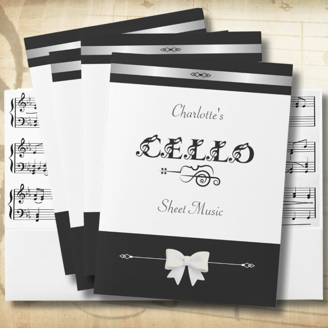 Chic Cellist Black White Music Folder Set 5 Pack (Elevate your cello organization. Set of 5 sheet music folders for the dedicated cellist.)
