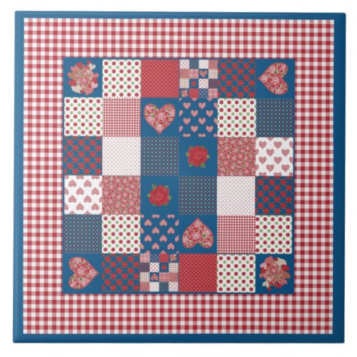 Chic Ceramic Tile Faux_patchwork and Gingham Ceramic Tile