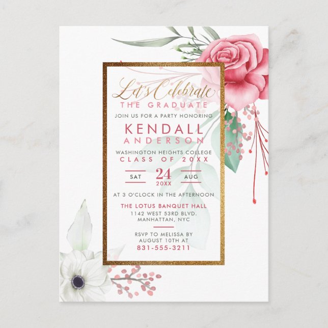 Chic Cerise Gouache Roses Floral Graduation Invitation Postcard (Front)