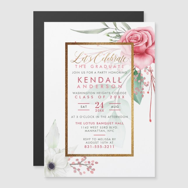 Chic Cerise Painted Flowers Botanical Graduation Magnetic Invitation (Front/Back)