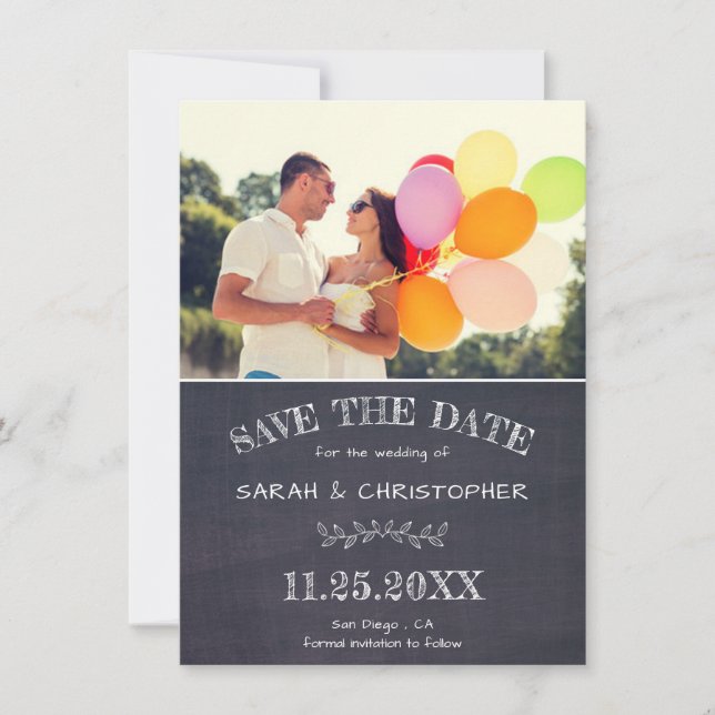 Chic Chalkboard Photo Wedding Save the Date Card (Front)