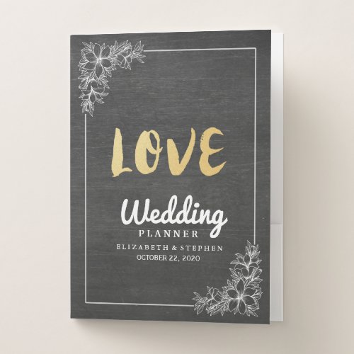 Chic Chalkboard White Floral Frame Wedding Planner Pocket Folder