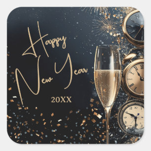 Chic Champagne and Clocks Happy New Year Square Sticker