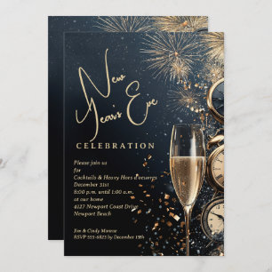 Chic Champagne and Clocks New Year's Eve Invitation