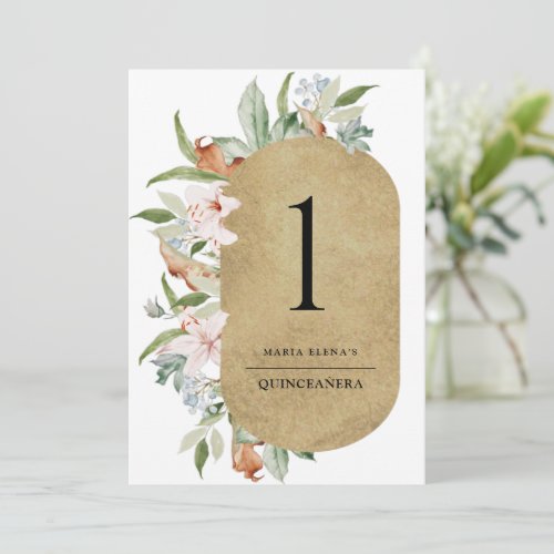 Chic Champagne and Rose Gold Floral Table Number