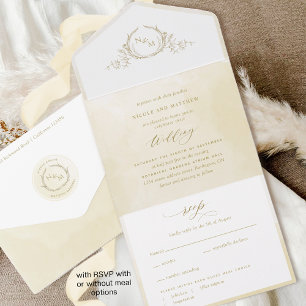 Chic, Champagne Cream Watercolor Monogram Wedding  All In One Invitation