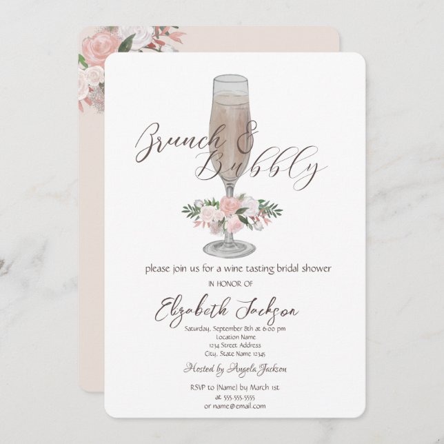Chic Champagne Glass,Roses Brunch & Bubbly Invitation (Front/Back)