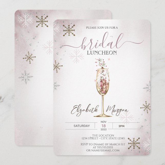 Chic Champagne Glass Snowflakes Bridal Luncheon   Invitation (Front/Back)