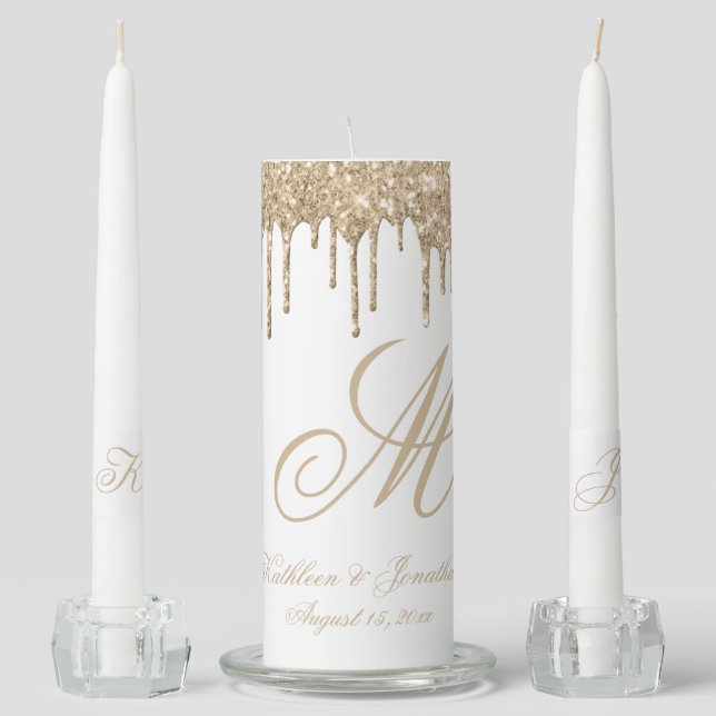Chic Champagne Glitter Drips Metallic Name Wedding Unity Candle Set (Front)