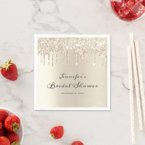 Chic Champagne Glitter Drips Script Bridal Shower Napkins