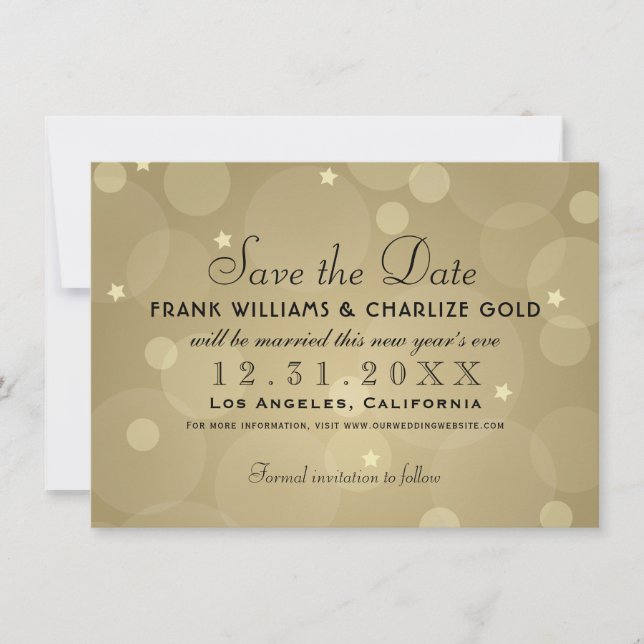 Chic Champagne Gold Bubble Stars Wedding Save The Date (Front)