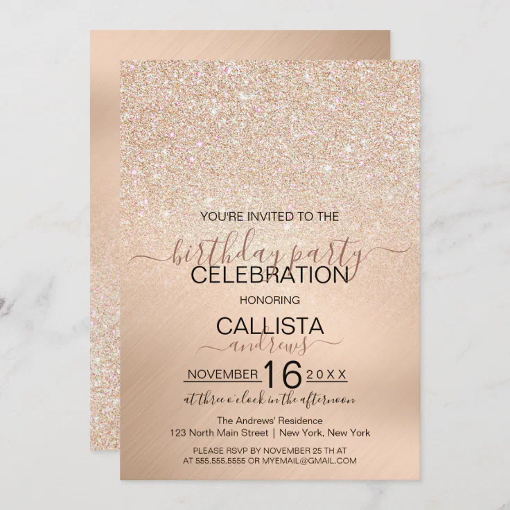 Chic Champagne Gold Glitter Metallic Birthday Invitation | Zazzle