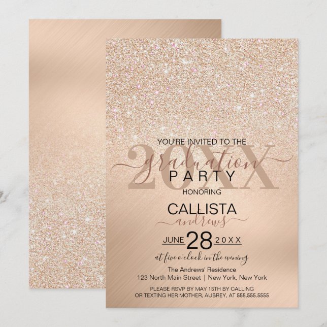 Chic Champagne Gold Glitter Metallic Graduation Invitation (Front/Back)