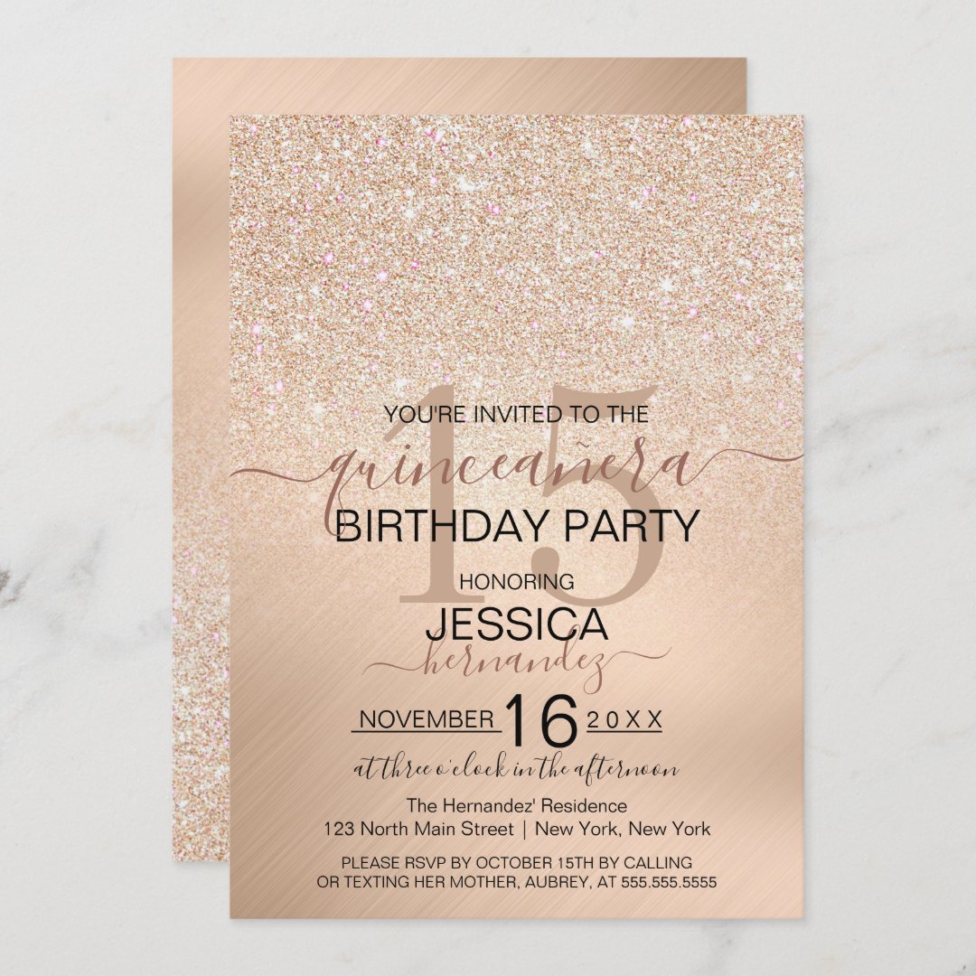 Chic Champagne Gold Glitter Metallic Quinceañera Invitation | Zazzle