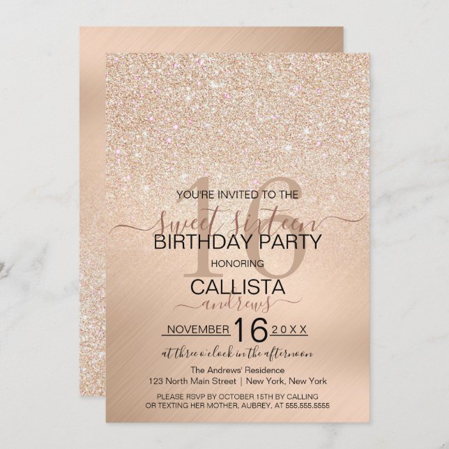 Chic Champagne Gold Glitter Metallic Sweet 16 Invitation (Front/Back)