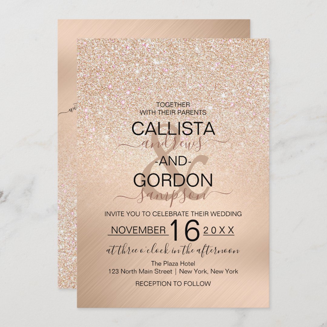 Chic Champagne Gold Glitter Metallic Wedding Invitation | Zazzle