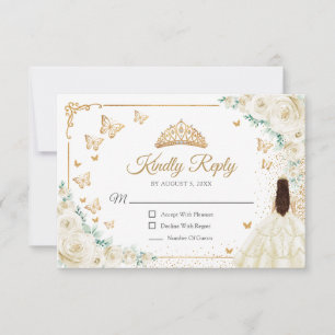 Chic Champagne Ivory Roses Gold Quinceanera Reply RSVP Card