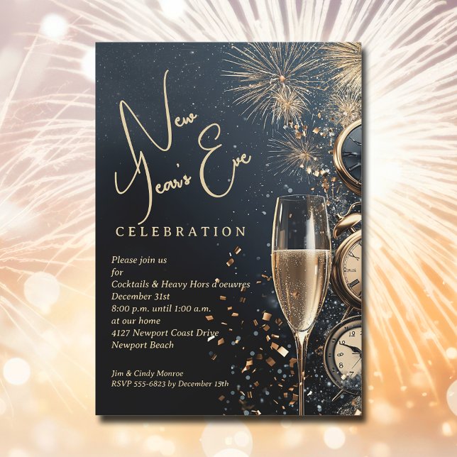 Chic Champagne Time New Year's Eve Invitation (Chic Champagne and Clocks New Year's Eve party invitations, PRINTED and/or INSTANT DOWNLOAD)