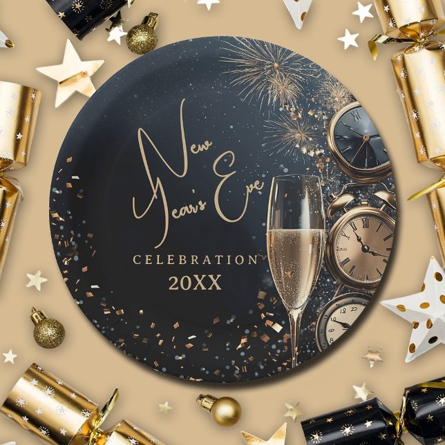 Chic Champagne Time New Year's Eve Paper Plates (Chic Champagne and Clocks New Year's Eve paper plates, 7" or 9")