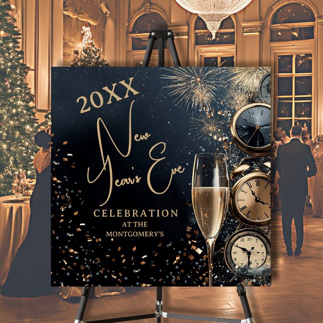 Chic Champagne Time New Year's Eve Party Foam Board (Chic Champagne and Clocks New Year's Eve Party Foam Board, Happy New Year on the back)