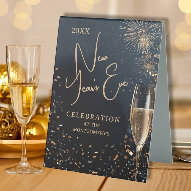 Chic Champagne Time New Year's Eve Party Table Tent (Chic Champagne and Clocks New Year's Eve party table tent sign)