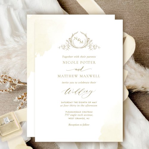 Chic Champagne Watercolor Stains Monogram Wedding Invitation