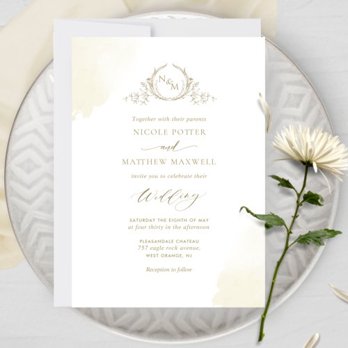 Chic Champagne Watercolor Stains Monogram Wedding Invitation