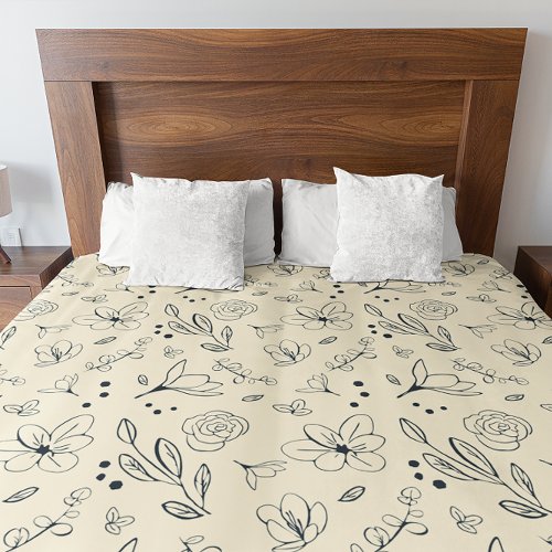 Chic Charcoal Cream Minimalist Floral Duvet Cover
