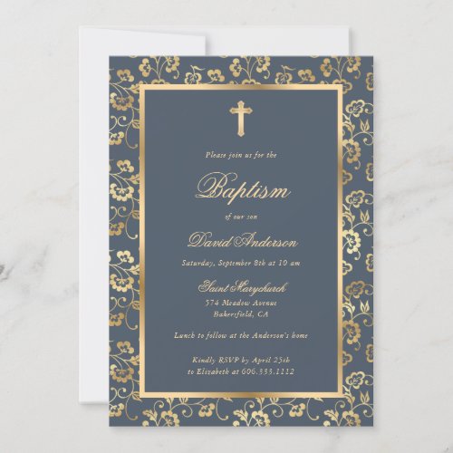 Chic Charcoal Gold Cross Floral Baptism Invitation