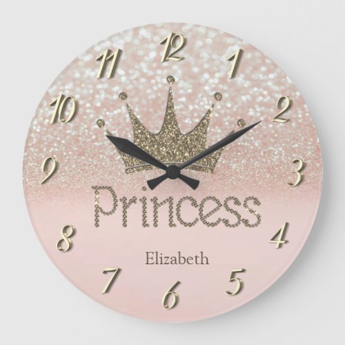 Chic Charming Tiara Princess Glittery Bokeh Large Clock