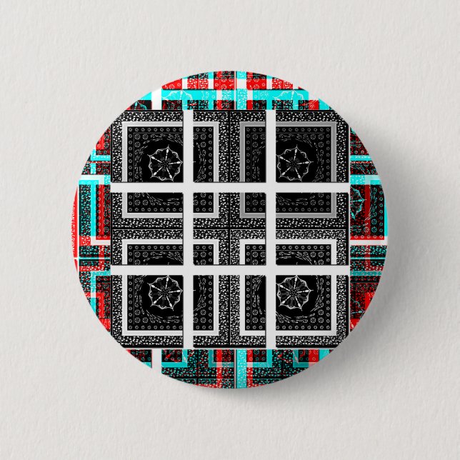 Chic Checkered Black, White & Red Graphics Art Des Button (Front)