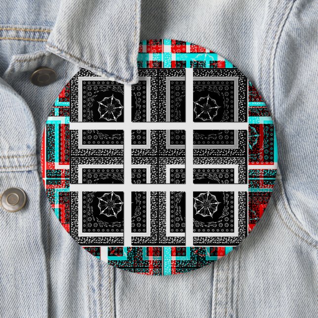 Chic Checkered Black, White & Red Graphics Art Des Button (In Situ)